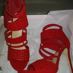 Cherry red open toe heels